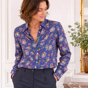 Tissu coton fin imprimé INDIENNES, bleu roi aux fleurs traditionnelles roses, vertes et écrues - tissuspipi.com