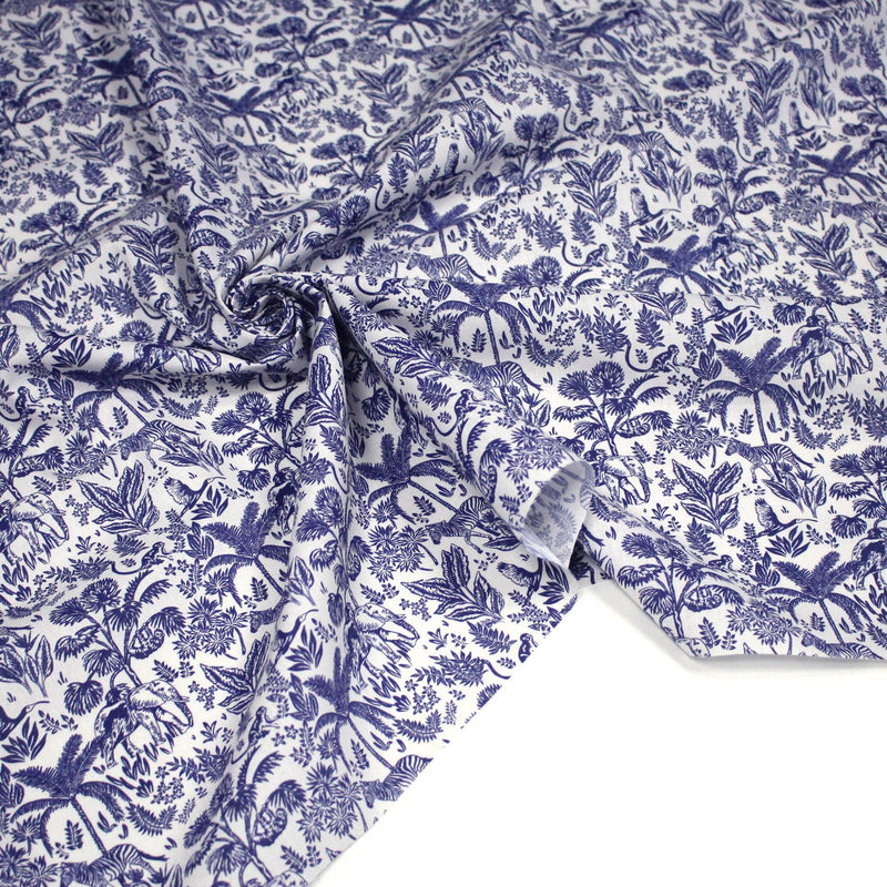 Tissu Toile de Jouy bleu forêt tropicale : cotonnade ou gabardine - OEKO - TEX - tissuspipi.com