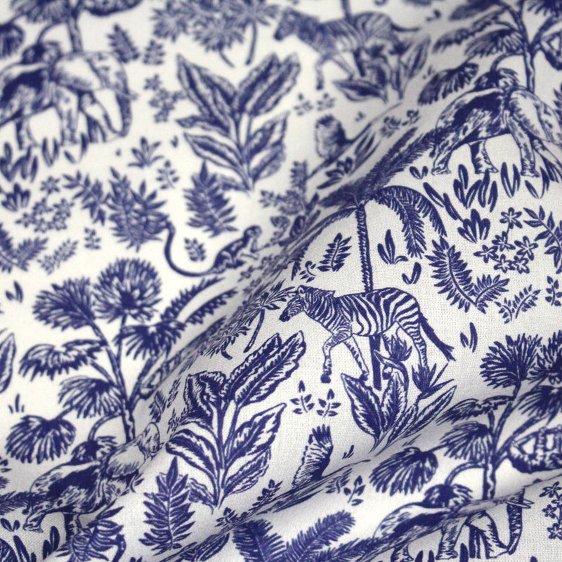 Tissu Toile de Jouy bleu forêt tropicale : cotonnade ou gabardine - OEKO - TEX - tissuspipi.com