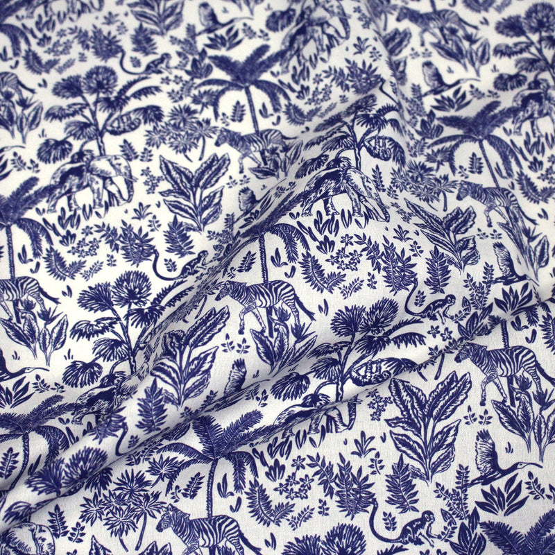 Tissu Toile de Jouy bleu forêt tropicale : cotonnade ou gabardine - OEKO - TEX - tissuspipi.com