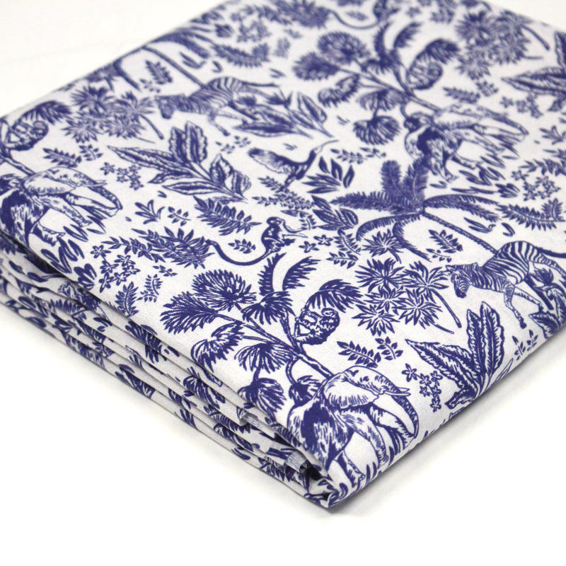 Tissu Toile de Jouy bleu forêt tropicale : cotonnade ou gabardine - OEKO - TEX - tissuspipi.com