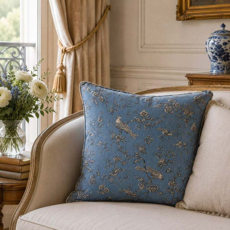 Tissu coton épais demi - natté TOILE DE JOUY AUX MESANGES, grande largeur 280cm : cinq couleurs dispos - OEKO - TEX - tissuspipi.com