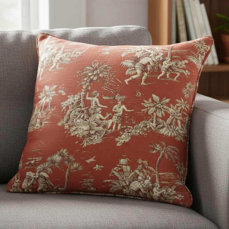 Tissu coton épais TOILE DE JOUY "LES AMERINDIENS", rouille rouge & écru - tissuspipi.com