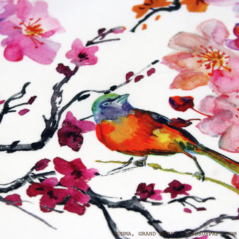 Tissu coton motif jardin japonais GUNMA aux oiseaux et fleurs de cerisier - OEKO - TEX - tissuspipi.com