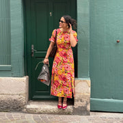 Tissu gabardine coton imprimée fleuri Vintage jaune, rouge, rose - OEKO - TEX STANDARD 100 - tissuspipi.com