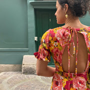 Tissu gabardine coton imprimée fleuri Vintage jaune, rouge, rose - OEKO - TEX STANDARD 100 - tissuspipi.com