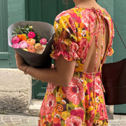 Tissu gabardine coton imprimée fleuri Vintage jaune, rouge, rose - OEKO - TEX STANDARD 100 - tissuspipi.com