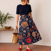 Tissu demi-natté coton bleu pétrole motif floral INDIENNES par Inkfabrik - Collection Thevenon - tissuspipi.com