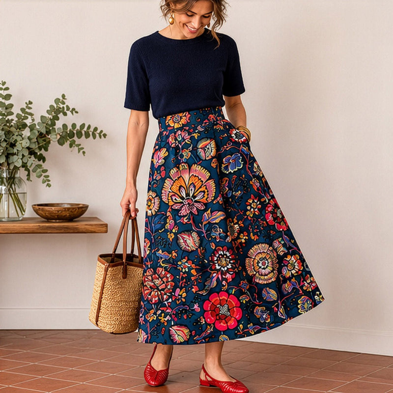 Tissu demi-natté coton bleu pétrole motif floral INDIENNES par Inkfabrik - Collection Thevenon - tissuspipi.com