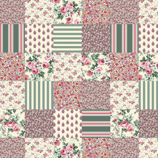 Tissu cotonnade motif patchwork imprimé floral et multicolore, trois teintes dispo : Rose / Bleu / Ocre - STANDARD 100 OEKO-TEX - tissuspipi.com