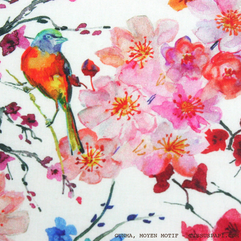 Tissu coton motif jardin japonais GUNMA aux oiseaux et fleurs de cerisier - OEKO - TEX - tissuspipi.com