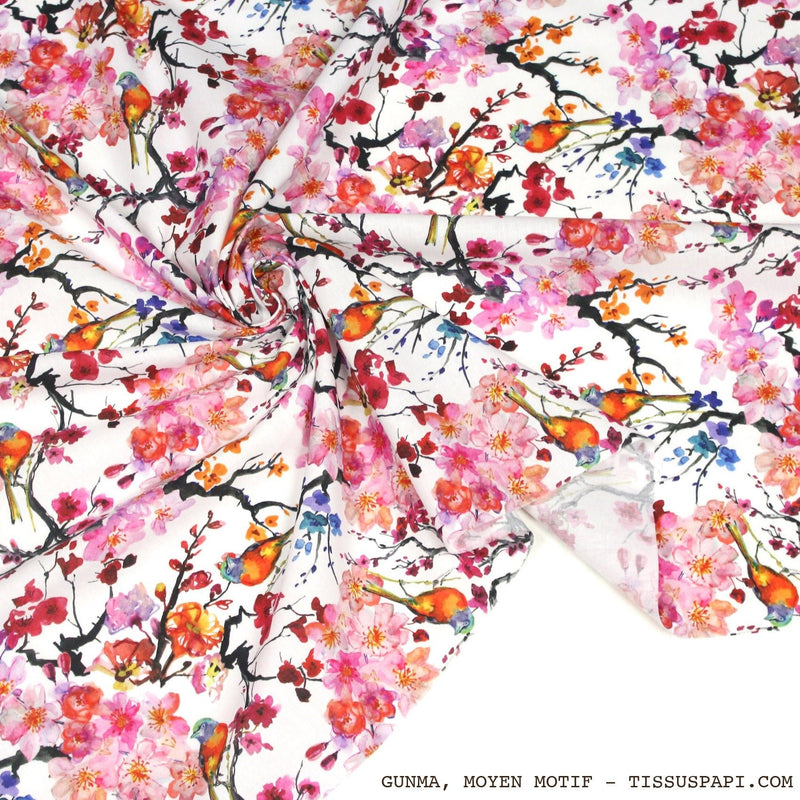 Tissu coton motif jardin japonais GUNMA aux oiseaux et fleurs de cerisier - OEKO - TEX - tissuspipi.com