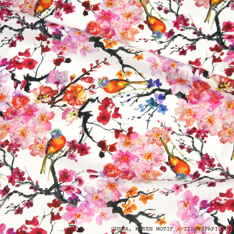Tissu coton motif jardin japonais GUNMA aux oiseaux et fleurs de cerisier - OEKO - TEX - tissuspipi.com