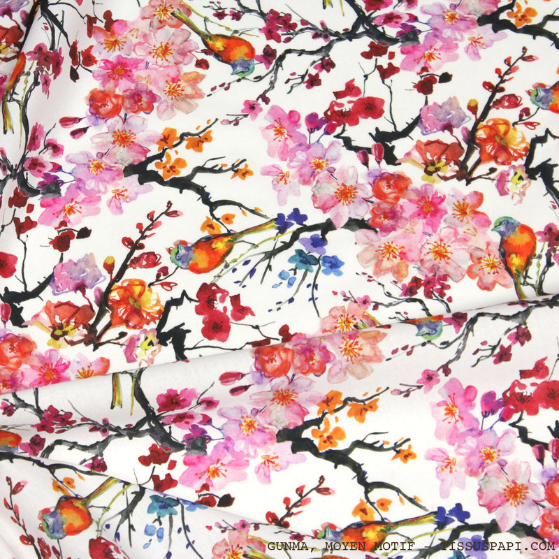 Tissu coton motif jardin japonais GUNMA aux oiseaux et fleurs de cerisier - OEKO - TEX - tissuspipi.com