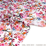 Tissu coton motif jardin japonais GUNMA aux oiseaux et fleurs de cerisier - OEKO - TEX - tissuspipi.com