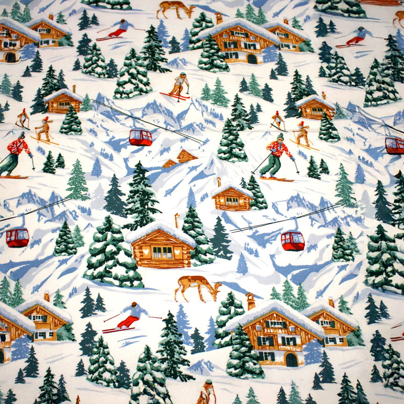 Tissu cotonnade Ski, chalets et montagnes enneigées - OEKO - TEX STANDARD 100 - tissuspipi.com