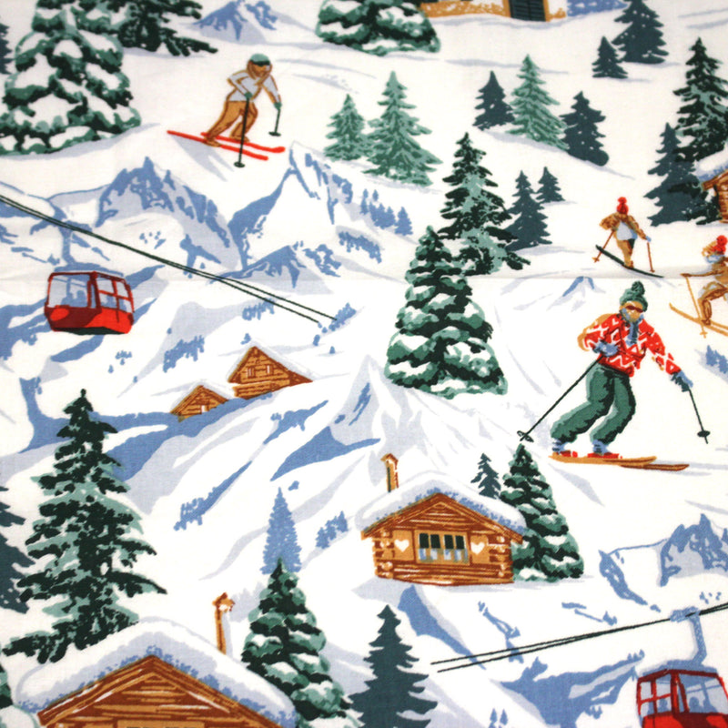 Tissu cotonnade Ski, chalets et montagnes enneigées - OEKO - TEX STANDARD 100 - tissuspipi.com