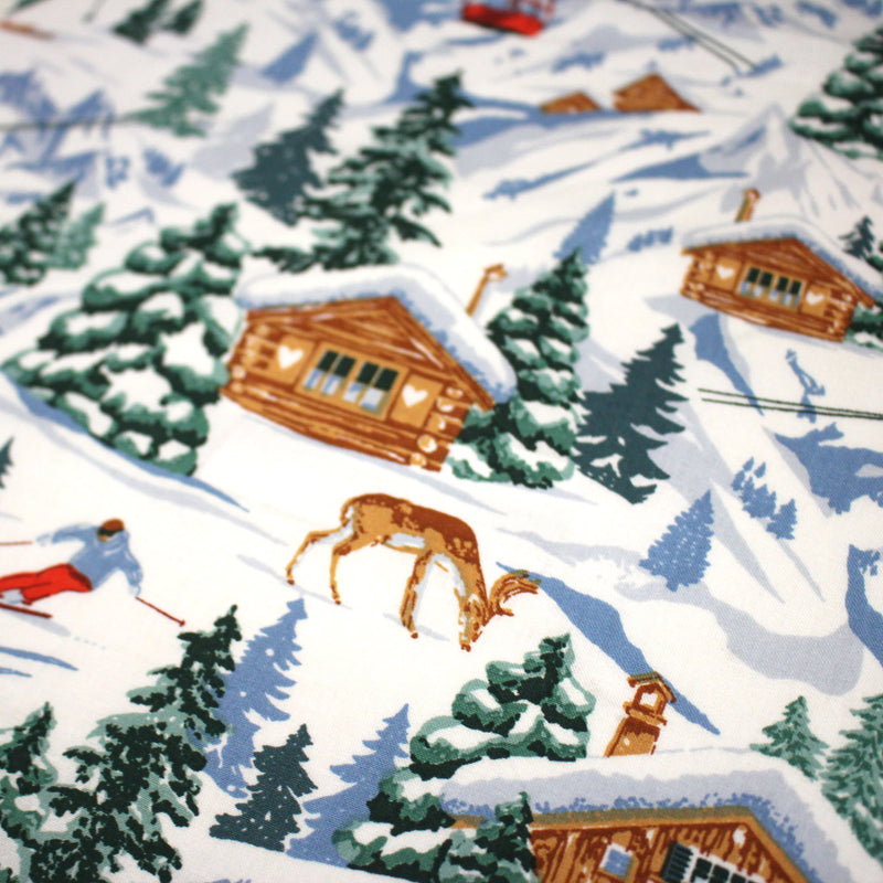 Tissu cotonnade Ski, chalets et montagnes enneigées - OEKO - TEX STANDARD 100 - tissuspipi.com