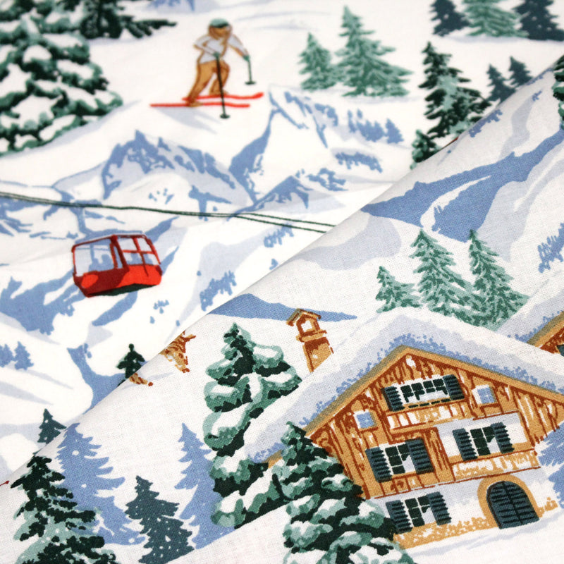 Tissu cotonnade Ski, chalets et montagnes enneigées - OEKO - TEX STANDARD 100 - tissuspipi.com