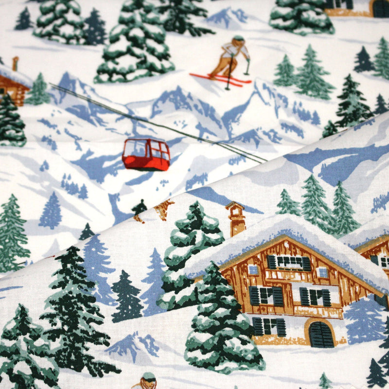 Tissu cotonnade Ski, chalets et montagnes enneigées - OEKO - TEX STANDARD 100 - tissuspipi.com