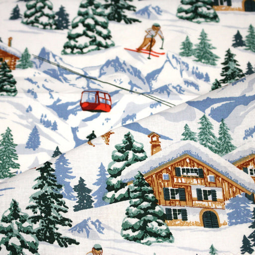 Tissu cotonnade Ski, chalets et montagnes enneigées - OEKO - TEX STANDARD 100 - tissuspipi.com