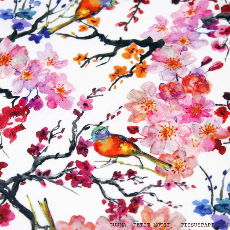 Tissu coton motif jardin japonais GUNMA aux oiseaux et fleurs de cerisier - OEKO - TEX - tissuspipi.com