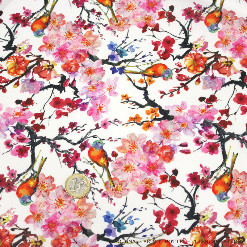 Tissu coton motif jardin japonais GUNMA aux oiseaux et fleurs de cerisier - OEKO - TEX - tissuspipi.com
