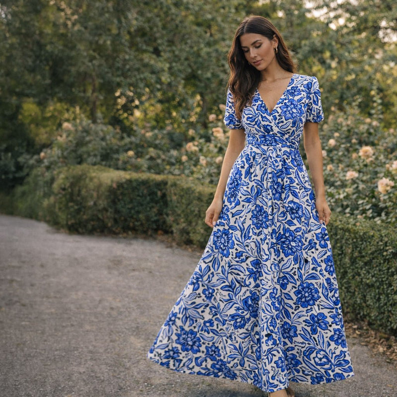 Tissu voile de coton imprimé INDIENNES écru aux fleurs bleues et marine - tissuspipi.com