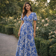 Tissu voile de coton imprimé INDIENNES écru aux fleurs bleues et marine - tissuspipi.com