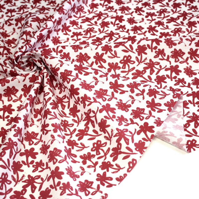 Tissu cotonnade aux fleurs japonaise & dessins à l'encre de Chine : rouge, noir, bleu - OEKO - TEX - tissuspipi.com