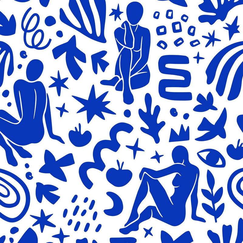 Tissu gabardine imprimée SILHOUETTE : trois motifs bleus et blancs - OEKO - TEX STANDARD 100 - tissuspipi.com