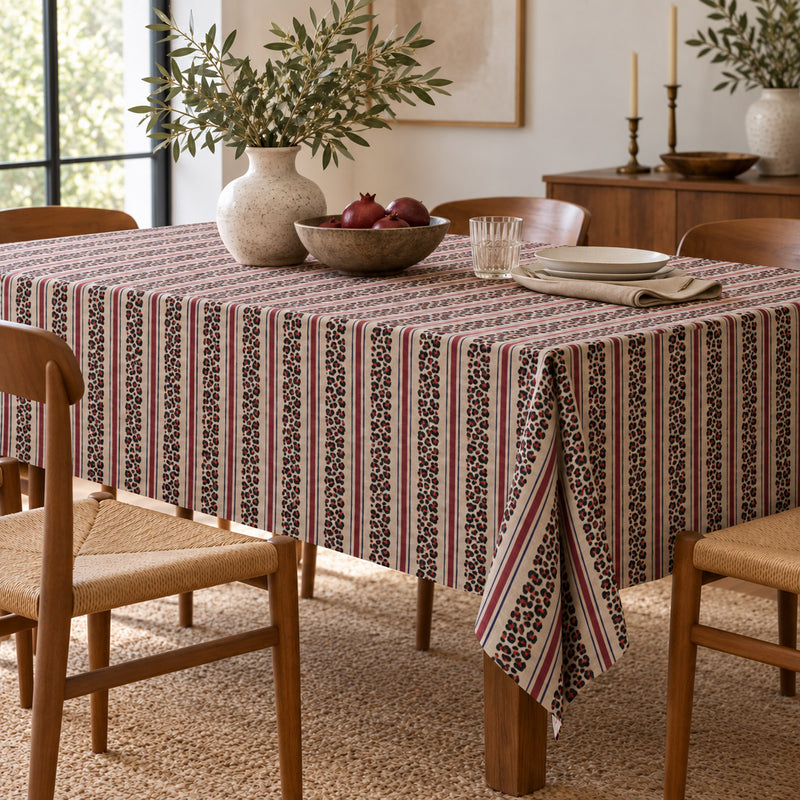 Tissu coton demi-natté LEOPARD & rayures bordeaux et bleues, fond lin - OEKO-TEX STANDARD 100 - tissuspipi.com