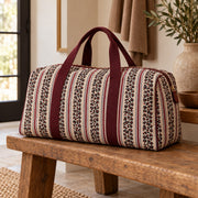 Tissu coton demi-natté LEOPARD & rayures bordeaux et bleues, fond lin - OEKO-TEX STANDARD 100 - tissuspipi.com