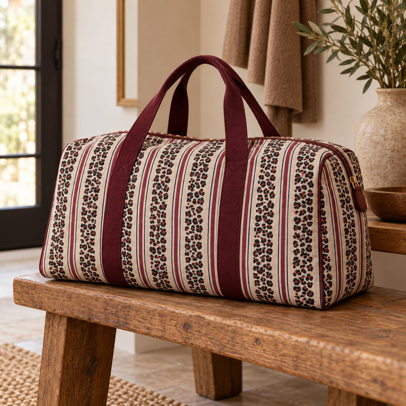 Tissu coton demi-natté LEOPARD & rayures bordeaux et bleues, fond lin - OEKO-TEX STANDARD 100 - tissuspipi.com