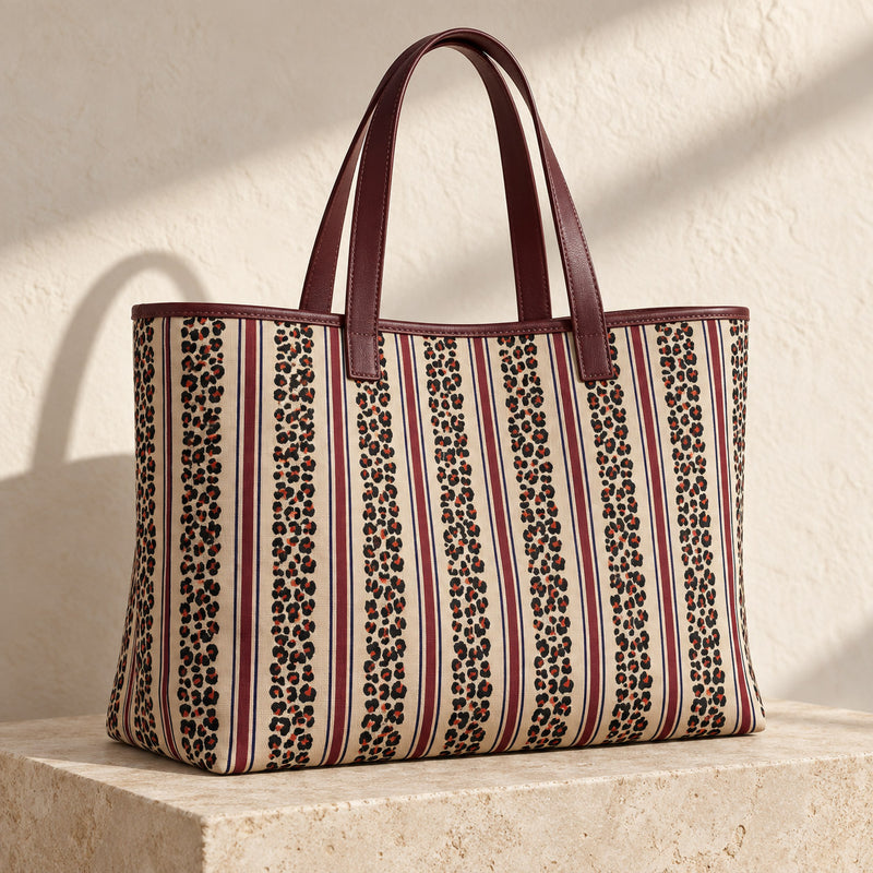 Tissu coton demi-natté LEOPARD & rayures bordeaux et bleues, fond lin - OEKO-TEX STANDARD 100 - tissuspipi.com