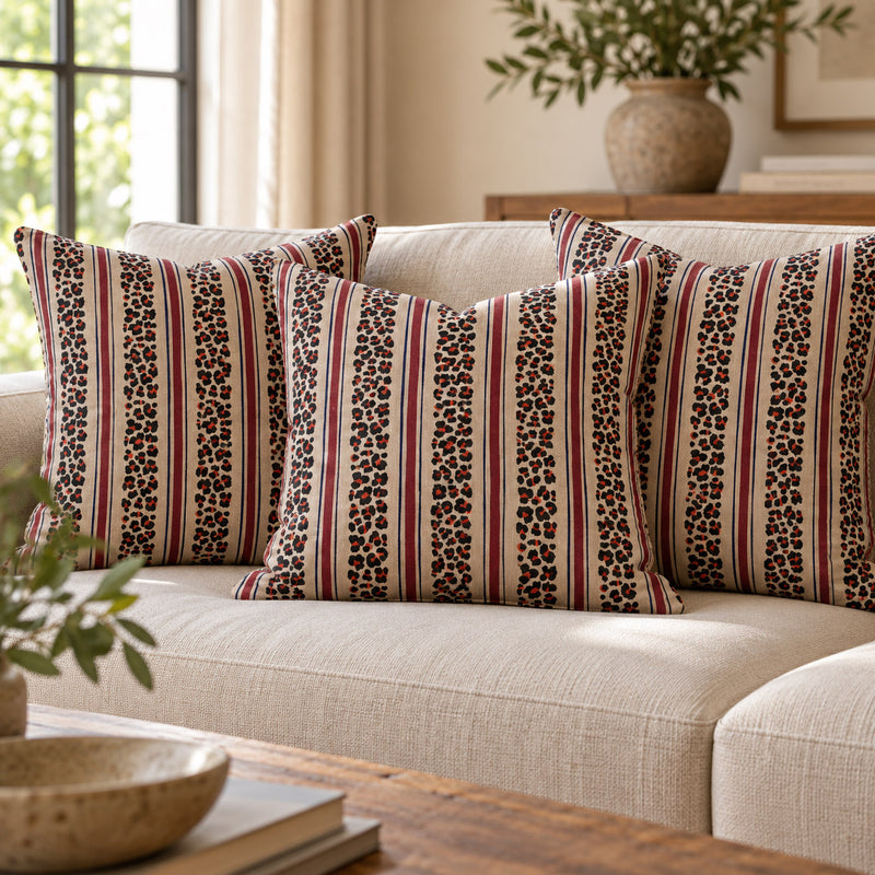 Tissu coton demi-natté LEOPARD & rayures bordeaux et bleues, fond lin - OEKO-TEX STANDARD 100 - tissuspipi.com