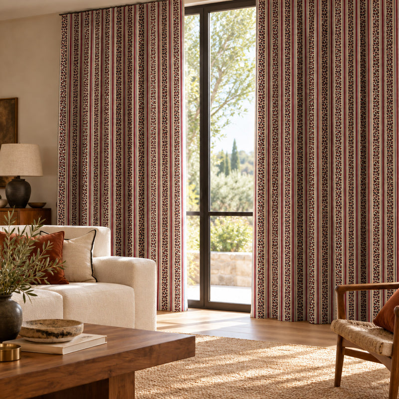Tissu coton demi-natté LEOPARD & rayures bordeaux et bleues, fond lin - OEKO-TEX STANDARD 100 - tissuspipi.com