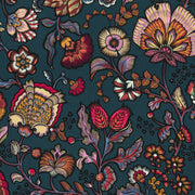 Tissu demi natté INDIENNES fleuri 100% coton, fond bleu pétrole - Collection Thevenon - tissuspipi.com