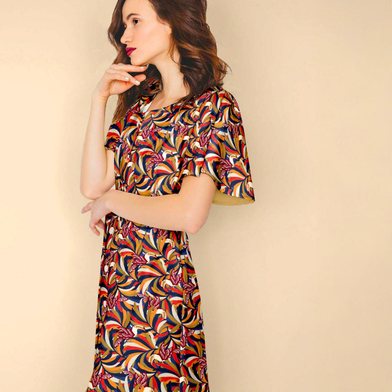 Tissu viscose fluide, motif floral & toucans : tons prune ou tons marine - OEKO - TEX STANDARD 100 - tissuspipi.com
