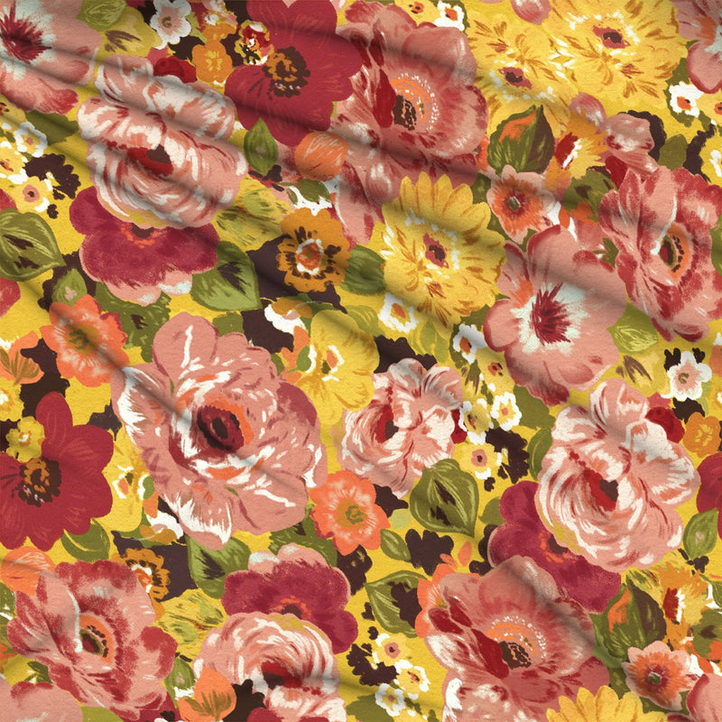 Tissu gabardine coton imprimée fleuri Vintage jaune, rouge, rose - OEKO-TEX STANDARD 100 - tissuspipi.com