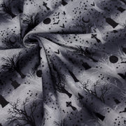 Tissu de coton HALLOWEEN, la nuit, les tombes, les chauve souris et la forêt, fond gris - tissuspipi.com