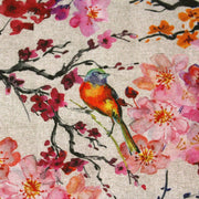 Tissu coton motif jardin japonais GUNMA aux oiseaux et fleurs de cerisier, fond lin - OEKO - TEX - tissuspipi.com