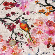 Tissu coton motif jardin japonais GUNMA aux oiseaux et fleurs de cerisier, fond lin - OEKO - TEX - tissuspipi.com