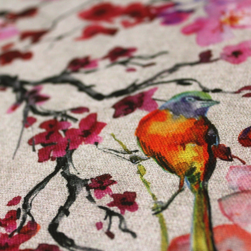 Tissu coton motif jardin japonais GUNMA aux oiseaux et fleurs de cerisier, fond lin - OEKO - TEX - tissuspipi.com