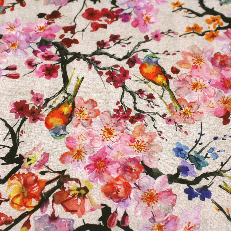 Tissu coton motif jardin japonais GUNMA aux oiseaux et fleurs de cerisier, fond lin - OEKO - TEX - tissuspipi.com