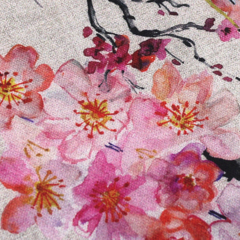 Tissu coton motif jardin japonais GUNMA aux oiseaux et fleurs de cerisier, fond lin - OEKO - TEX - tissuspipi.com