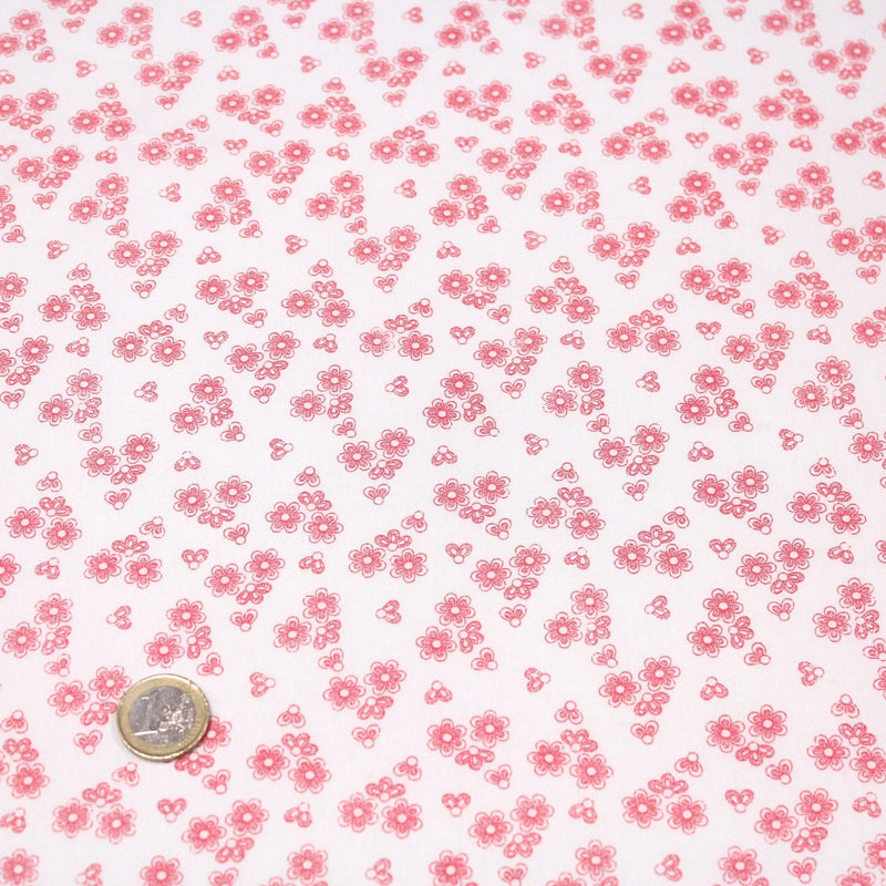 Tissu popeline de coton BLANDINE aux fleurs rouge fraise, fond blanc - tissuspipi.com