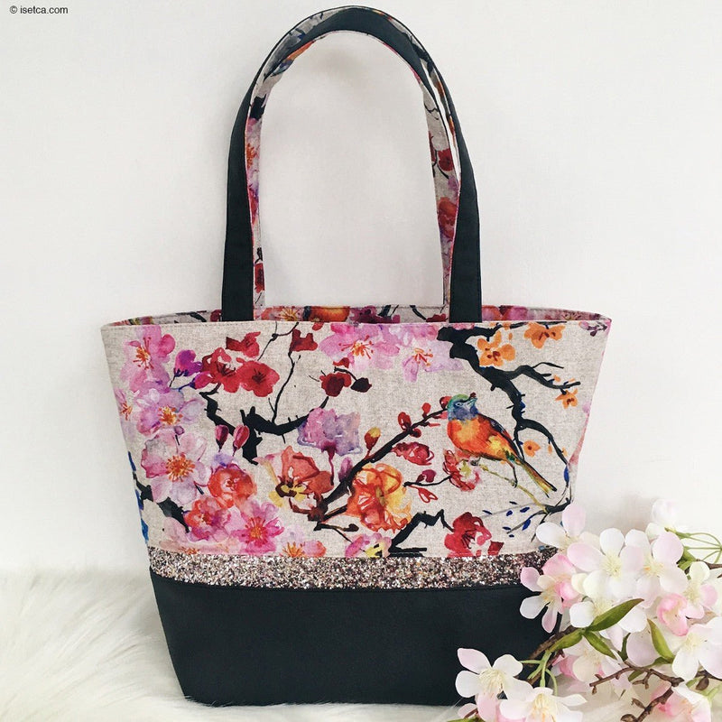 Tissu coton motif jardin japonais GUNMA aux oiseaux et fleurs de cerisier, fond lin - OEKO - TEX - tissuspipi.com