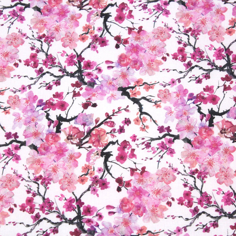 Tissu cotonnade SAKURA ROSE : jardin japonais aux fleurs de cerisier roses & fuchsia - tissuspipi.com