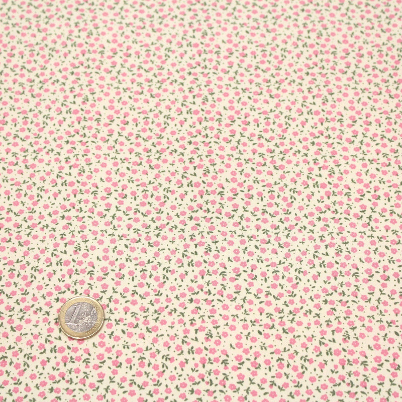 Tissu popeline de coton ANNA aux fines fleurs roses, fond écru - tissuspipi.com